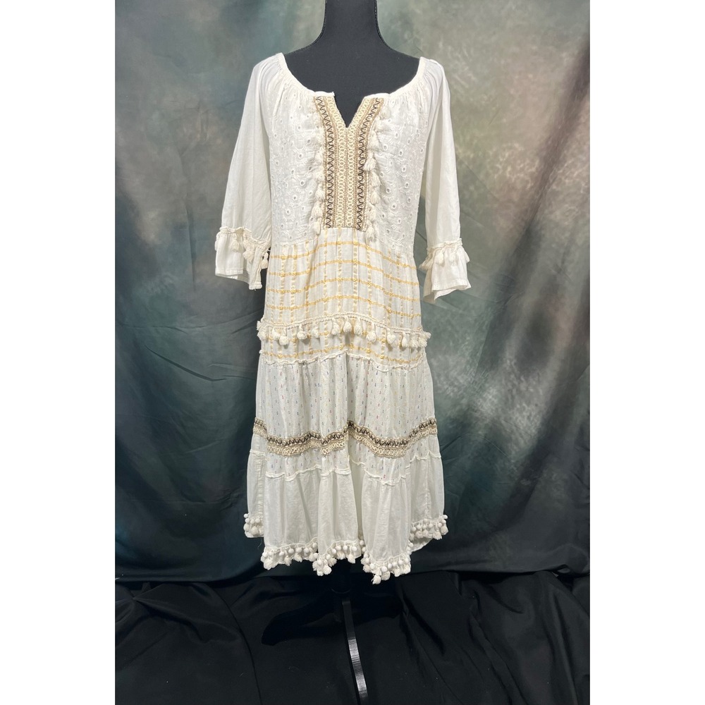Magic White Cotton Eyelet Peasant Dress Pom Pom Tassel Tiered Boho 2X